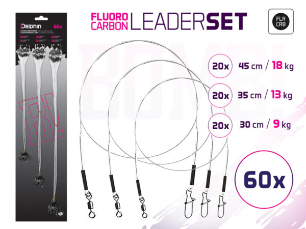 Fluorocarbonvorfach Set BOMB! mit Wirbel und Karabiner60x /30,35,45cm/9,13,18kg – Bild 2