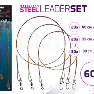 Stahlvorfach Set BOMB! Mit Wirbel und Karabiner / 49 Stahlfäden60x /30,35,40cm/9,11,14kg