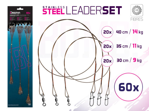 Stahlvorfach Set BOMB! Mit Wirbel und Karabiner / 49 Stahlfäden60x /30,35,40cm/9,11,14kg