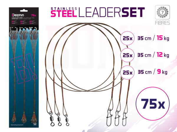 Stahlvorfach Set BOMB! Mit Wirbel und Karabiner / 7 Stahlfäden75x /35cm/9,12,15kg – Bild 3